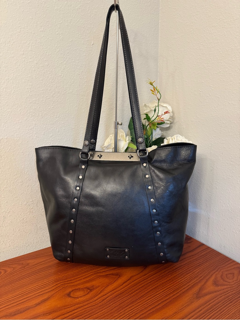 Patricia Nash Black Leather Studded Tote